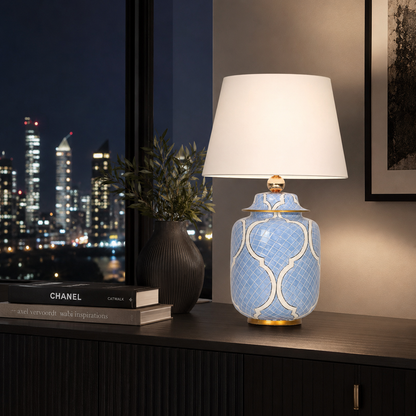 Light Blue Ceramic Ginger Jar Table Lamp with White Lattice & Gold Trim