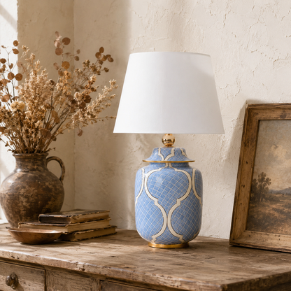 Light Blue Ceramic Ginger Jar Table Lamp with White Lattice & Gold Trim