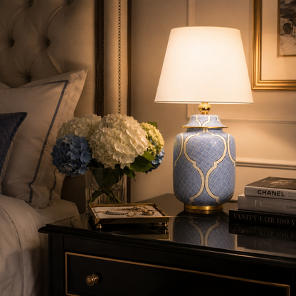 Light Blue Ceramic Ginger Jar Table Lamp with White Lattice & Gold Trim