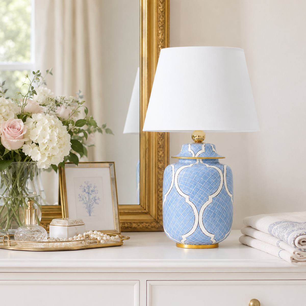 Light Blue Ceramic Ginger Jar Table Lamp with White Lattice & Gold Trim
