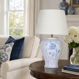 Blue & White Floral Ceramic Table Lamp, Chinoiserie Ginger Jar Lamp