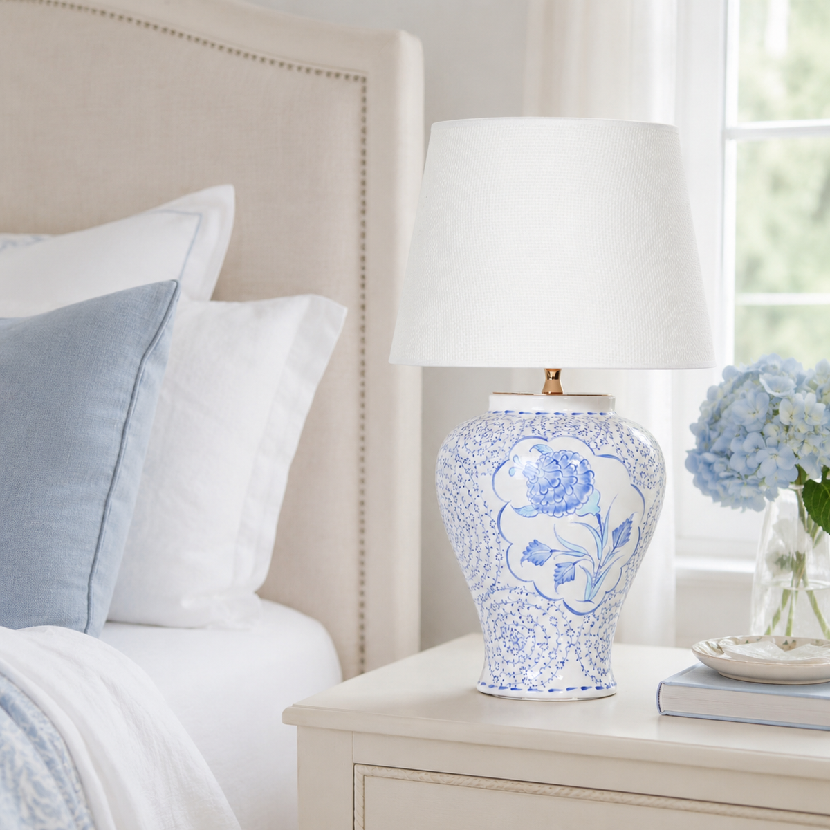 Blue & White Floral Ceramic Table Lamp, Chinoiserie Ginger Jar Lamp