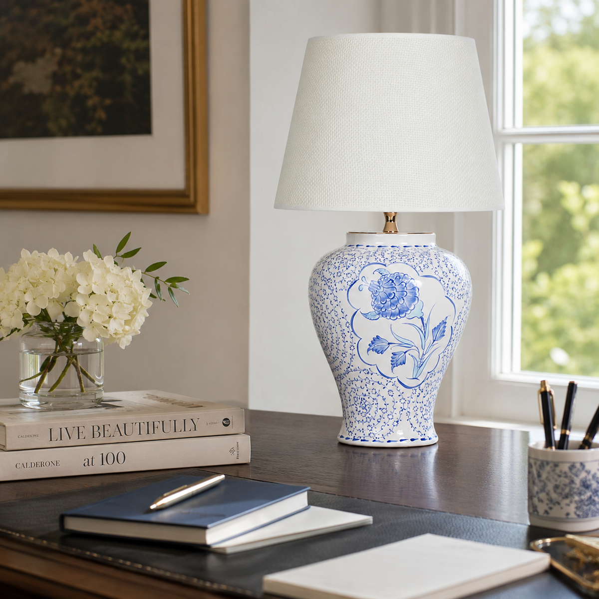 Blue & White Floral Ceramic Table Lamp, Chinoiserie Ginger Jar Lamp