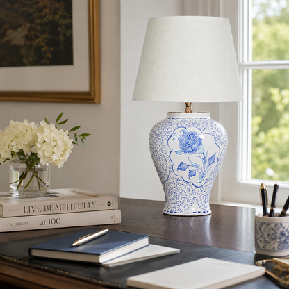 Blue & White Floral Ceramic Table Lamp, Chinoiserie Ginger Jar Lamp
