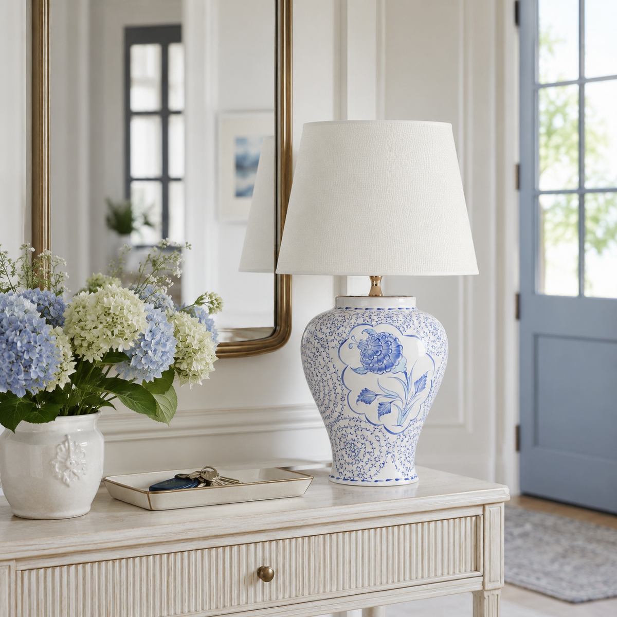 Blue & White Floral Ceramic Table Lamp, Chinoiserie Ginger Jar Lamp