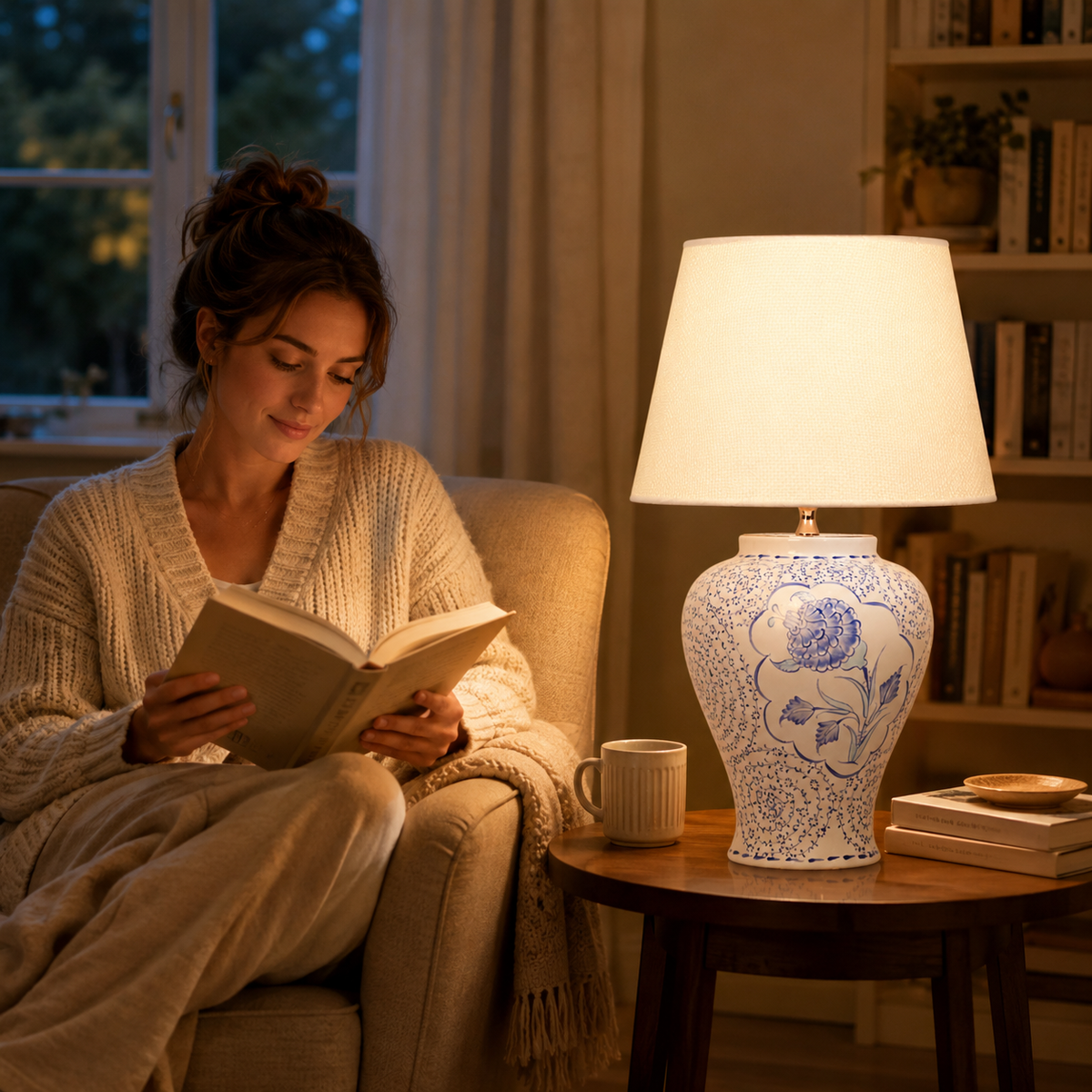 Blue & White Floral Ceramic Table Lamp, Chinoiserie Ginger Jar Lamp