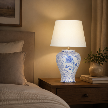 Blue & White Floral Ceramic Table Lamp, Chinoiserie Ginger Jar Lamp