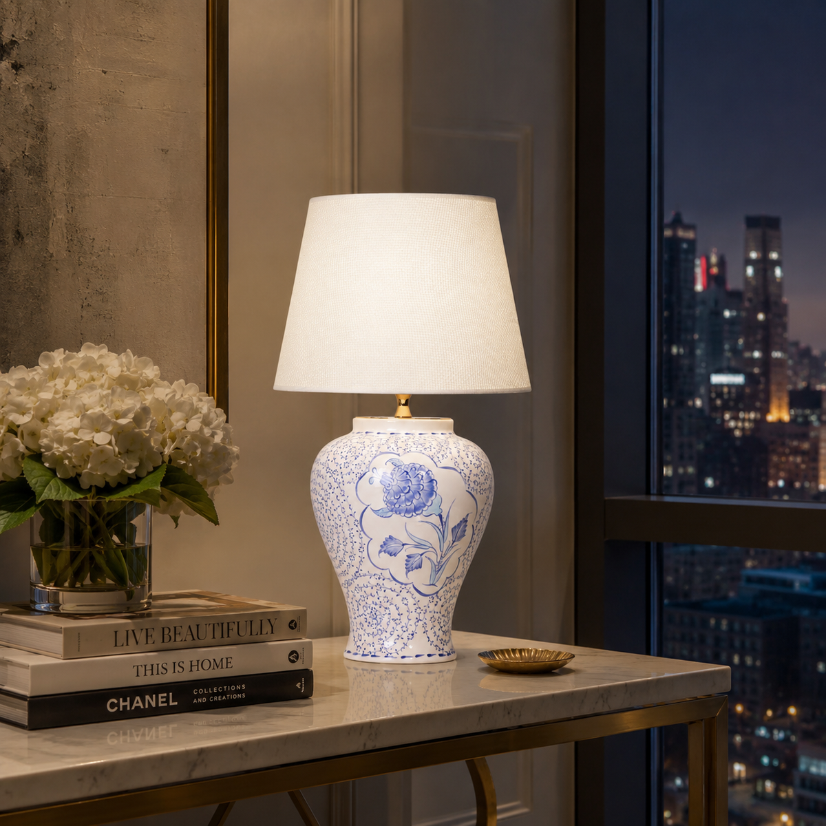 Blue & White Floral Ceramic Table Lamp, Chinoiserie Ginger Jar Lamp