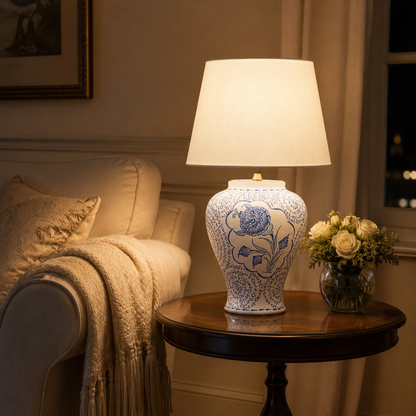 Blue & White Floral Ceramic Table Lamp, Chinoiserie Ginger Jar Lamp