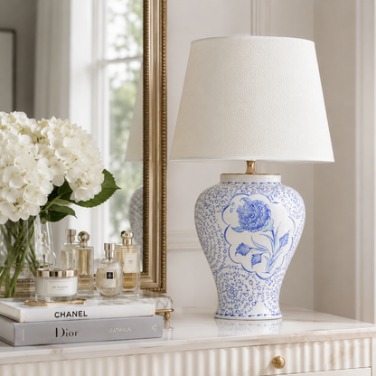 Blue & White Floral Ceramic Table Lamp, Chinoiserie Ginger Jar Lamp