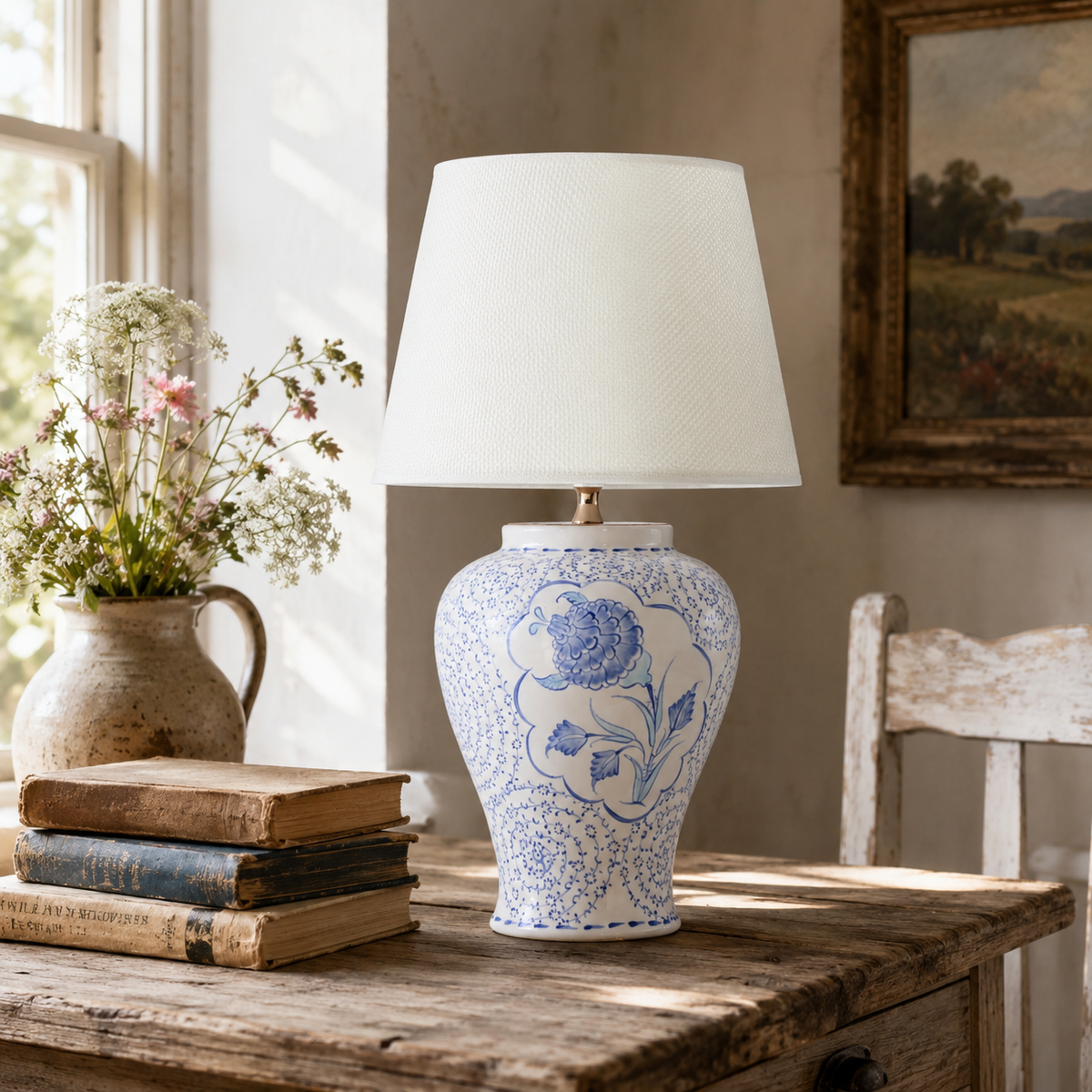 Blue & White Floral Ceramic Table Lamp, Chinoiserie Ginger Jar Lamp