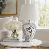 White Ceramic Table Lamp with Red Tulip & Black Lace Pattern