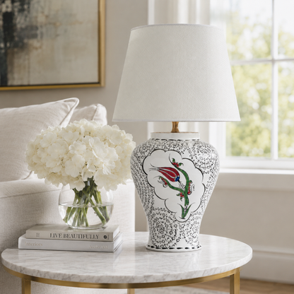 White Ceramic Table Lamp with Red Tulip & Black Lace Pattern