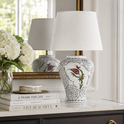 White Ceramic Table Lamp with Red Tulip & Black Lace Pattern