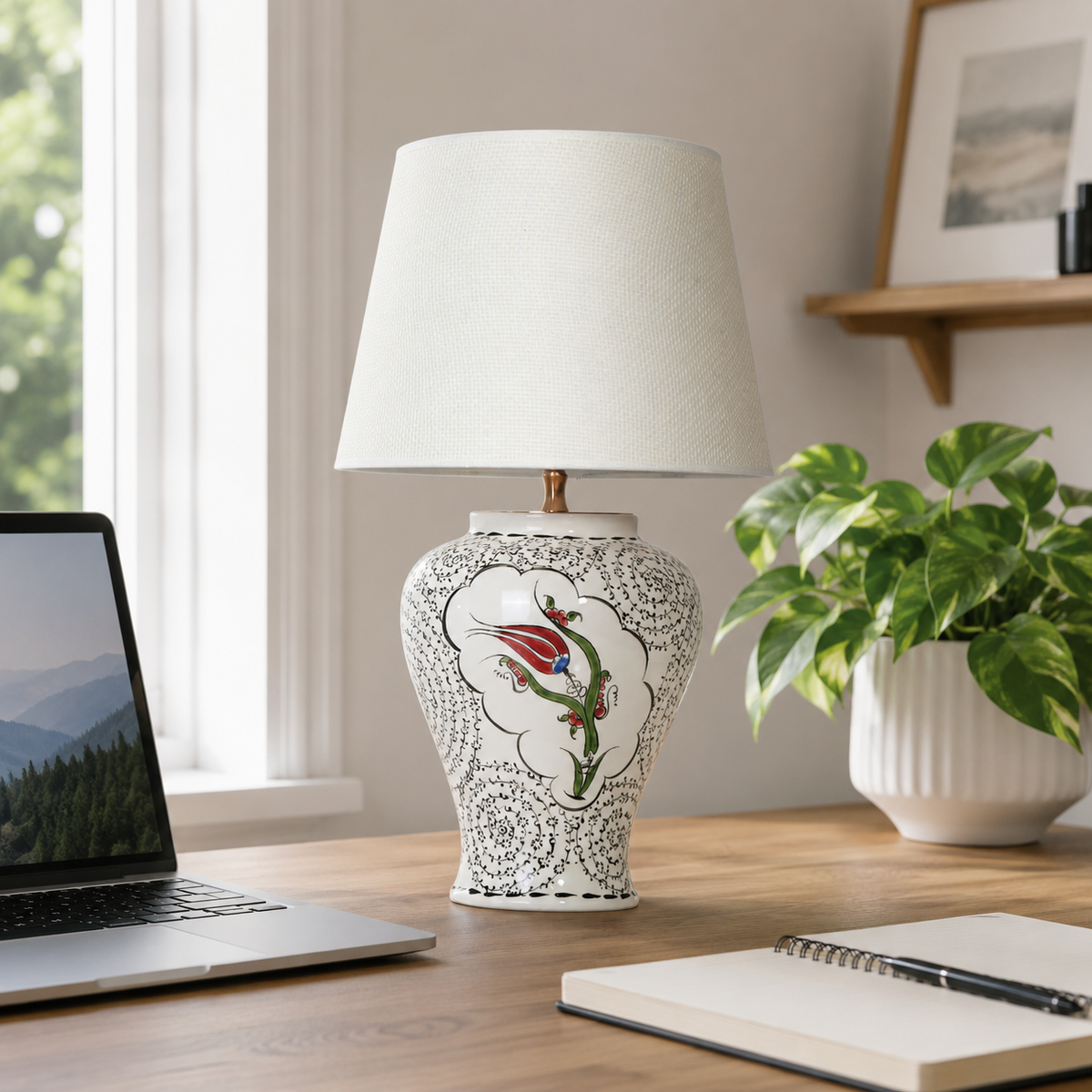 White Ceramic Table Lamp with Red Tulip & Black Lace Pattern