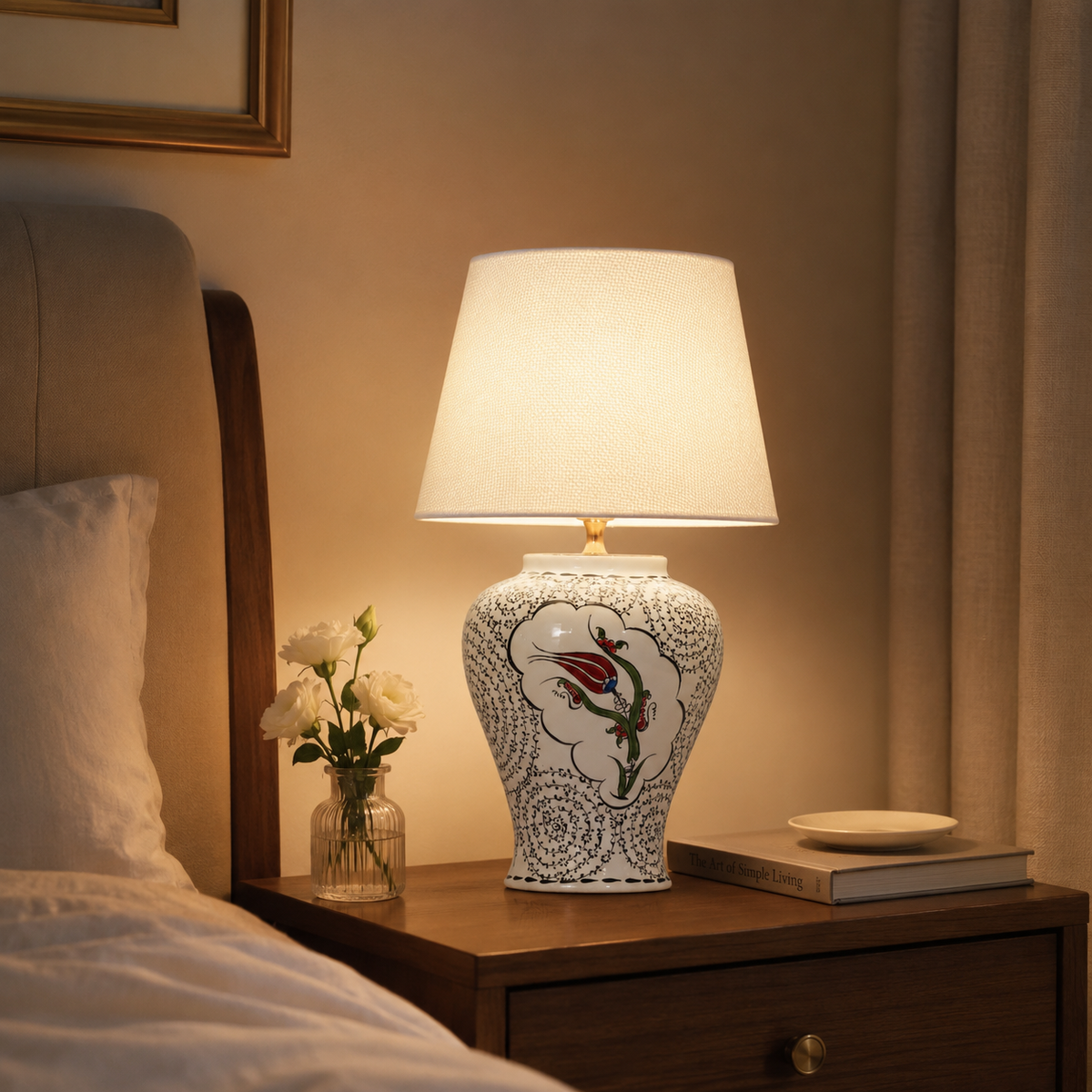 White Ceramic Table Lamp with Red Tulip & Black Lace Pattern
