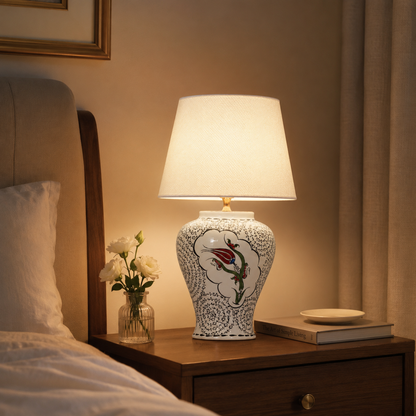 White Ceramic Table Lamp with Red Tulip & Black Lace Pattern