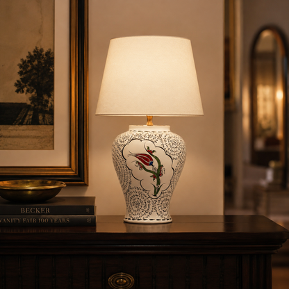 White Ceramic Table Lamp with Red Tulip & Black Lace Pattern