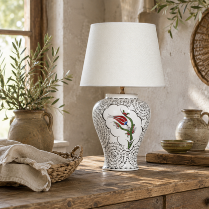 White Ceramic Table Lamp with Red Tulip & Black Lace Pattern