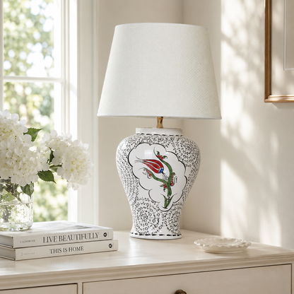 White Ceramic Table Lamp with Red Tulip & Black Lace Pattern