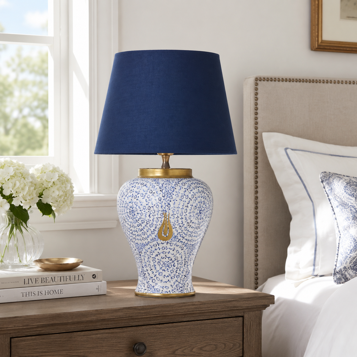 Blue & White Ceramic Table Lamp with Gold Teardrop, Navy Shade