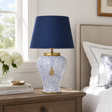 Blue & White Ceramic Table Lamp with Gold Teardrop, Navy Shade