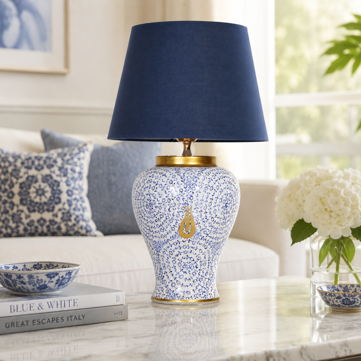 Blue & White Ceramic Table Lamp with Gold Teardrop, Navy Shade