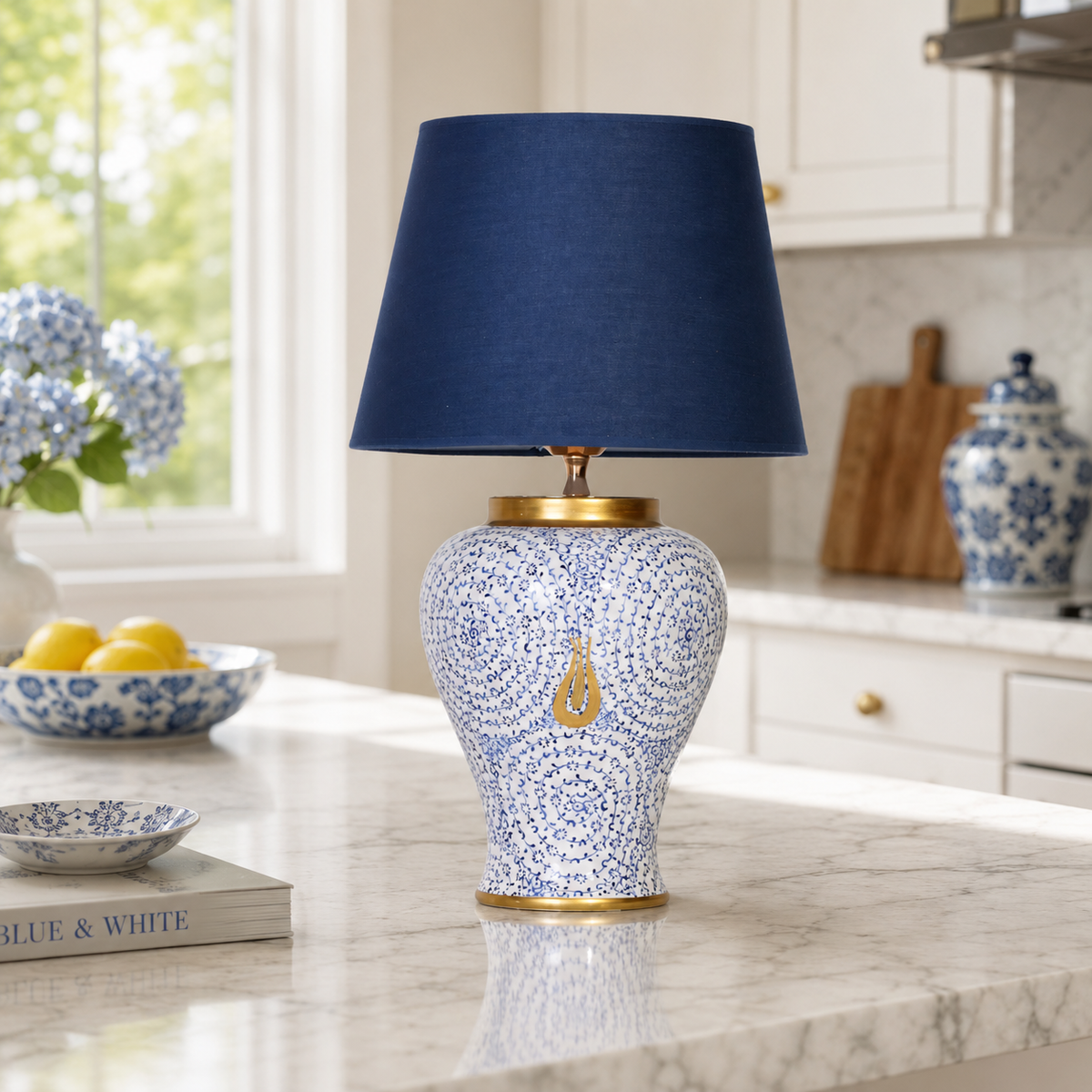 Blue & White Ceramic Table Lamp with Gold Teardrop, Navy Shade
