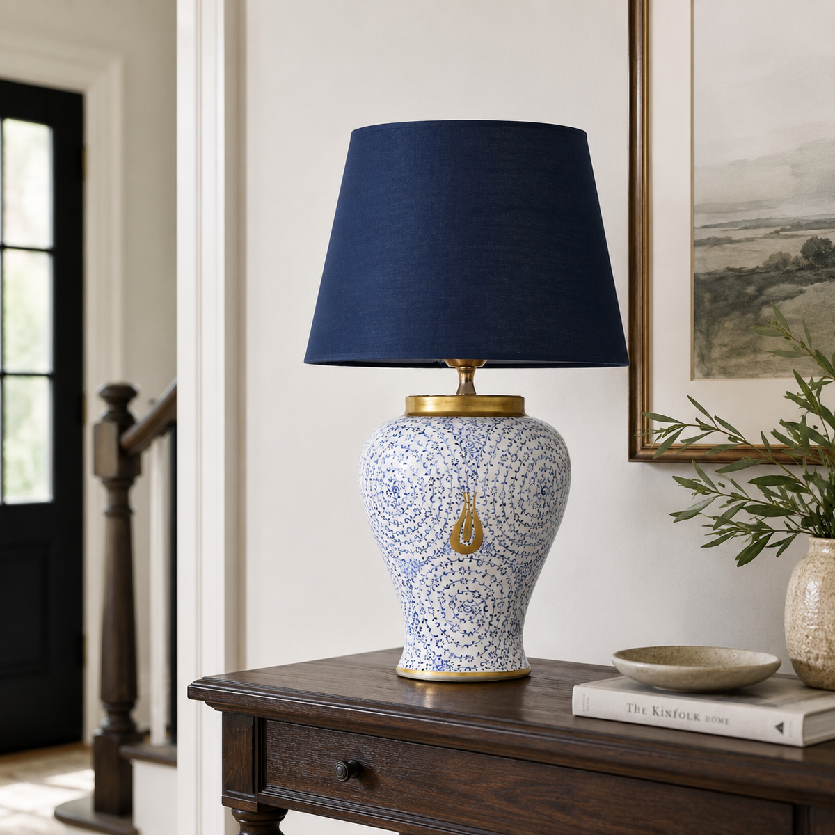 Blue & White Ceramic Table Lamp with Gold Teardrop, Navy Shade