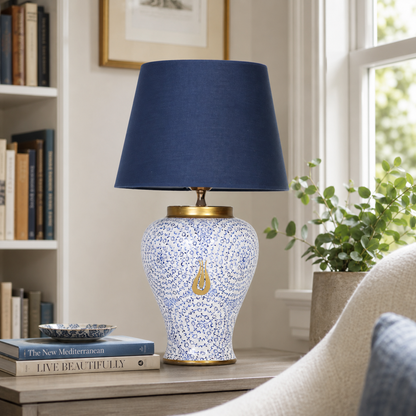 Blue & White Ceramic Table Lamp with Gold Teardrop, Navy Shade