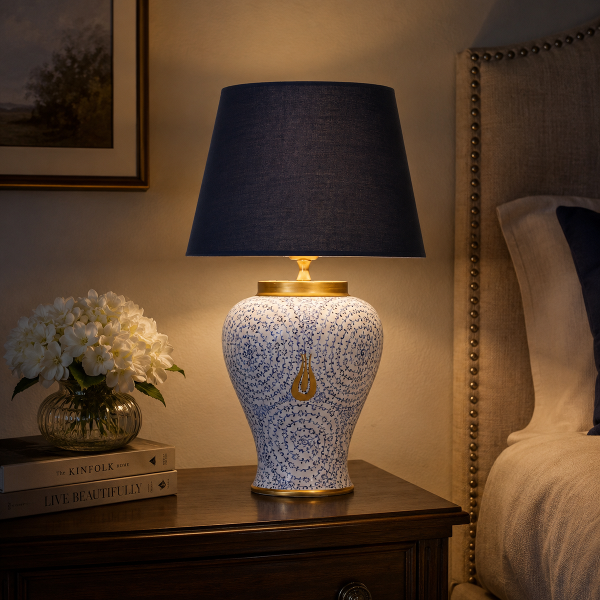 Blue & White Ceramic Table Lamp with Gold Teardrop, Navy Shade