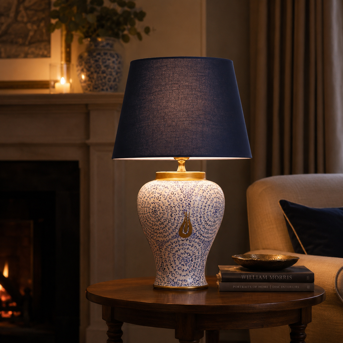 Blue & White Ceramic Table Lamp with Gold Teardrop, Navy Shade