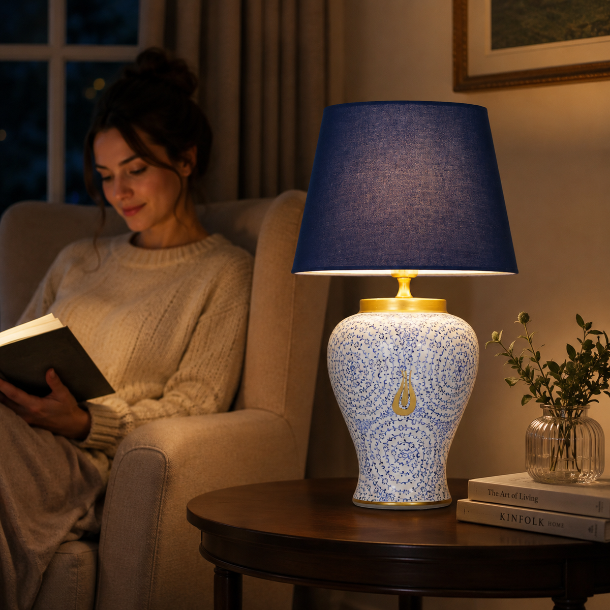Blue & White Ceramic Table Lamp with Gold Teardrop, Navy Shade