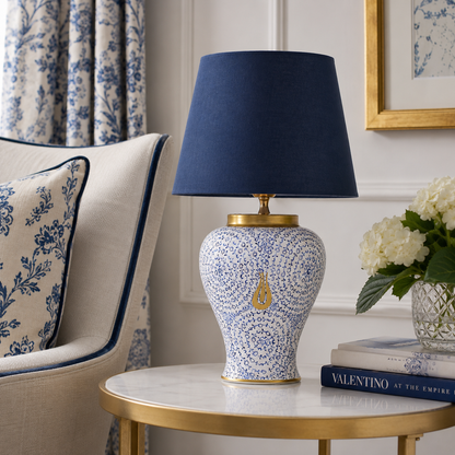 Blue & White Ceramic Table Lamp with Gold Teardrop, Navy Shade