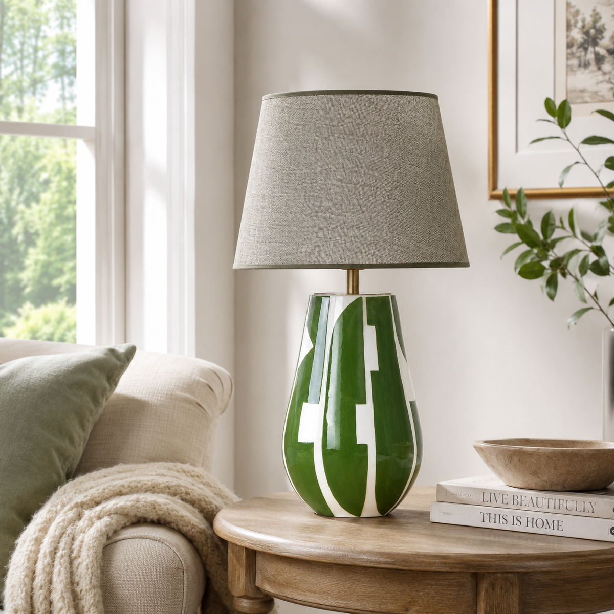 Green & White Ceramic Table Lamp, Modern Abstract Bedside Lamp