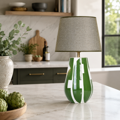 Green & White Ceramic Table Lamp, Modern Abstract Bedside Lamp