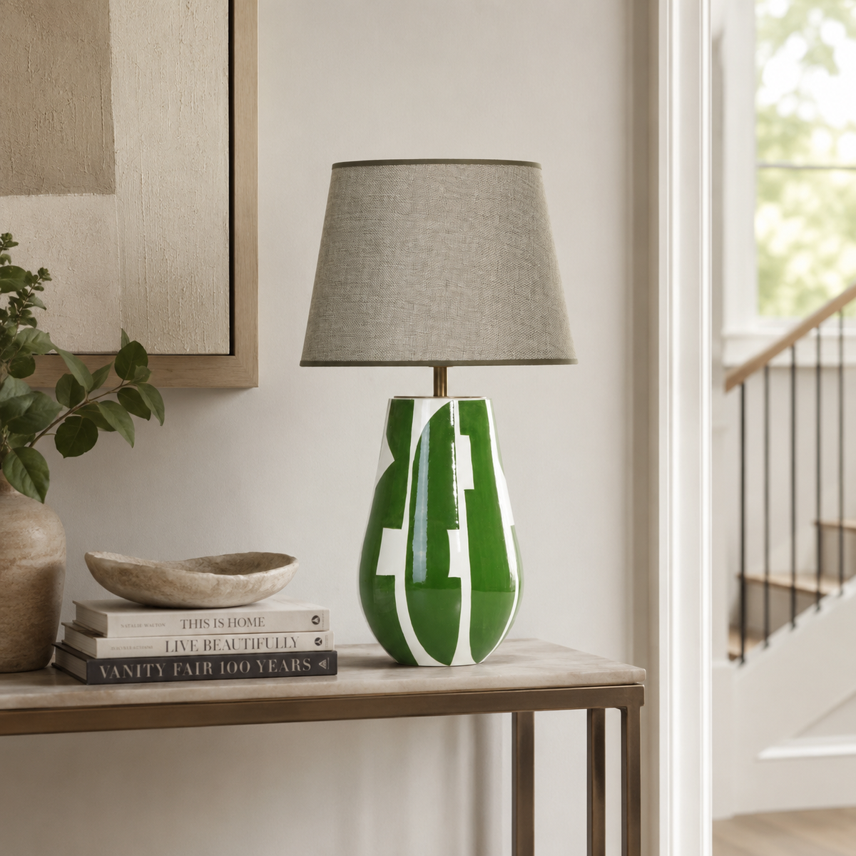 Green & White Ceramic Table Lamp, Modern Abstract Bedside Lamp