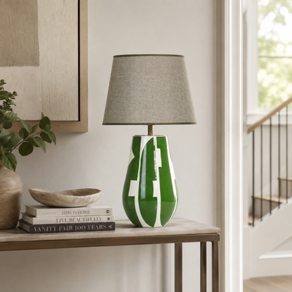 Green & White Ceramic Table Lamp, Modern Abstract Bedside Lamp