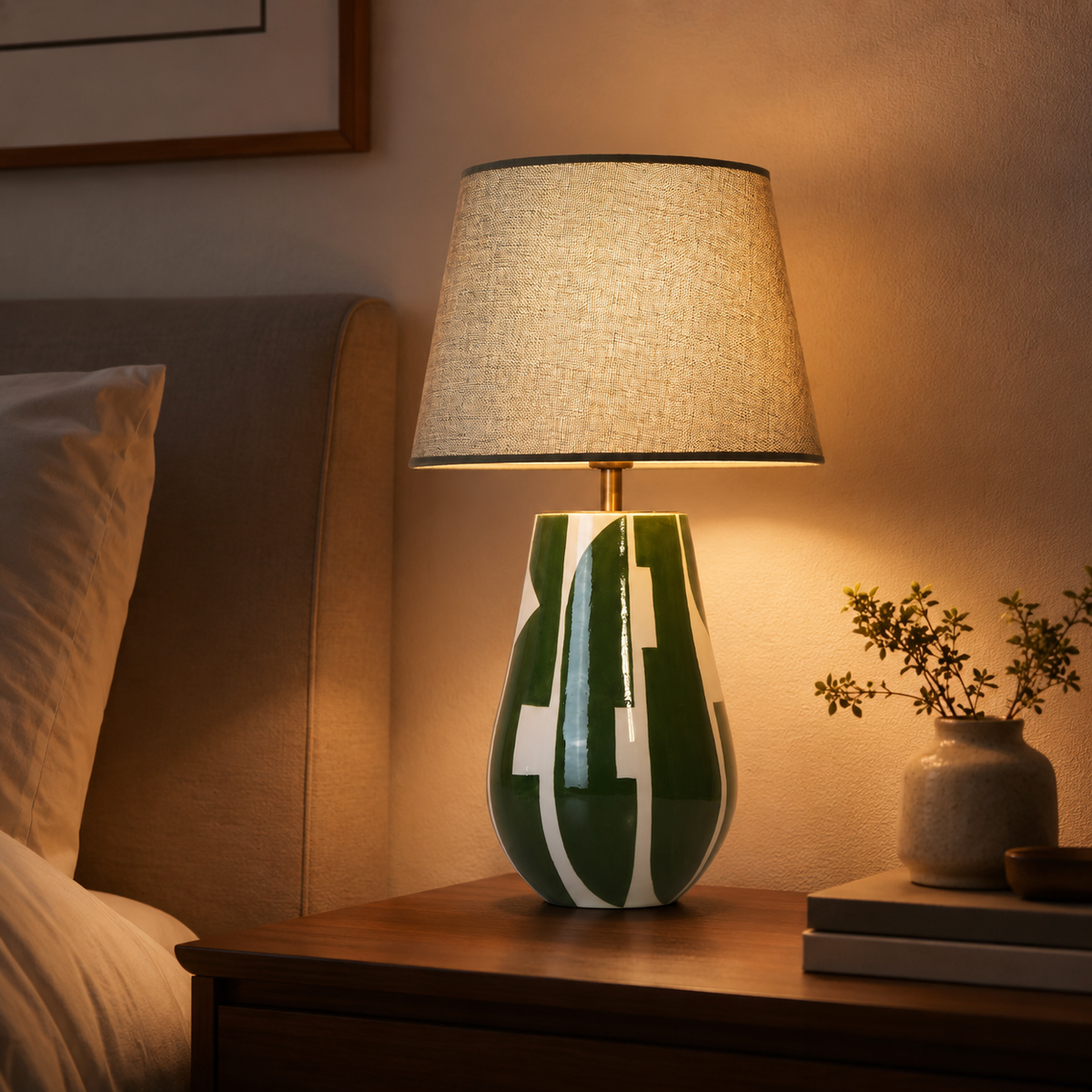 Green & White Ceramic Table Lamp, Modern Abstract Bedside Lamp