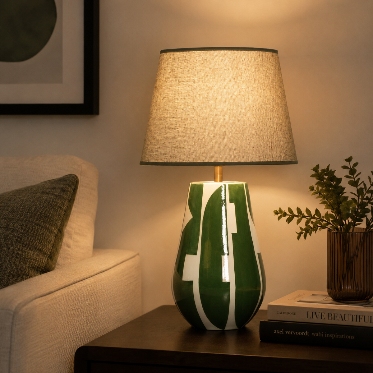 Green & White Ceramic Table Lamp, Modern Abstract Bedside Lamp