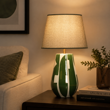 Green & White Ceramic Table Lamp, Modern Abstract Bedside Lamp