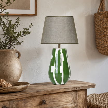 Green & White Ceramic Table Lamp, Modern Abstract Bedside Lamp