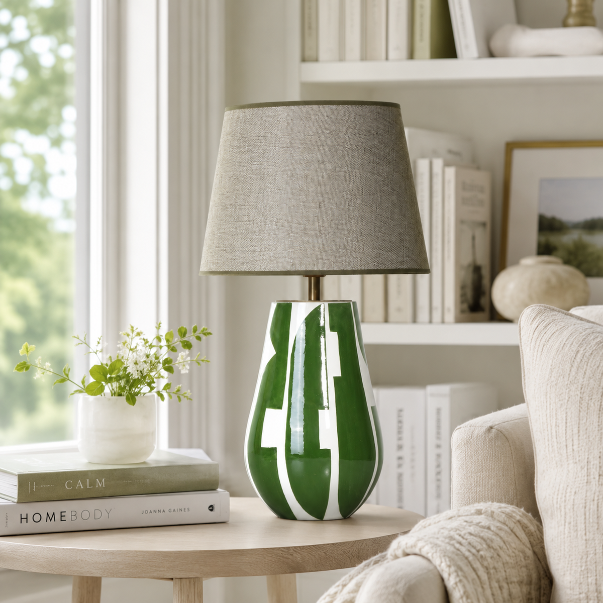 Green & White Ceramic Table Lamp, Modern Abstract Bedside Lamp
