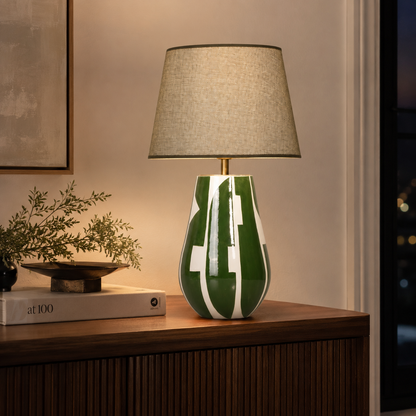 Green & White Ceramic Table Lamp, Modern Abstract Bedside Lamp