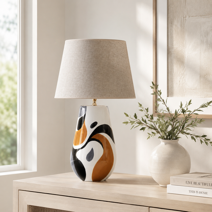 Black, White & Orange Abstract Ceramic Table Lamp, Modern Bedside Lamp