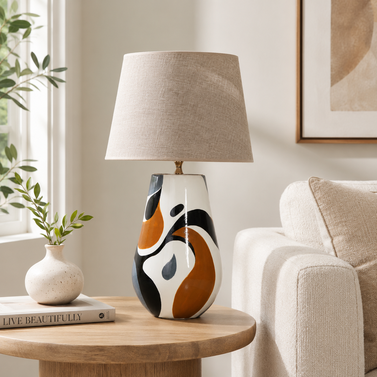 Black, White & Orange Abstract Ceramic Table Lamp, Modern Bedside Lamp
