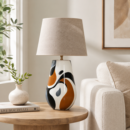 Black, White & Orange Abstract Ceramic Table Lamp, Modern Bedside Lamp