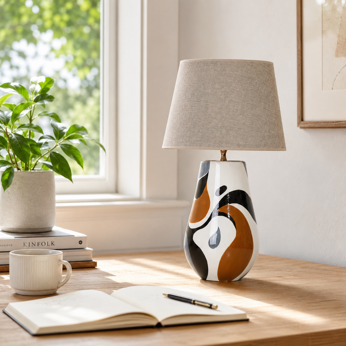 Black, White & Orange Abstract Ceramic Table Lamp, Modern Bedside Lamp