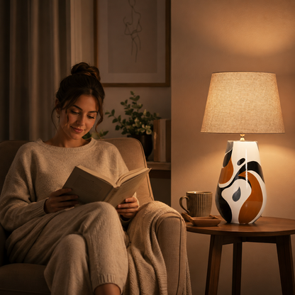 Black, White & Orange Abstract Ceramic Table Lamp, Modern Bedside Lamp