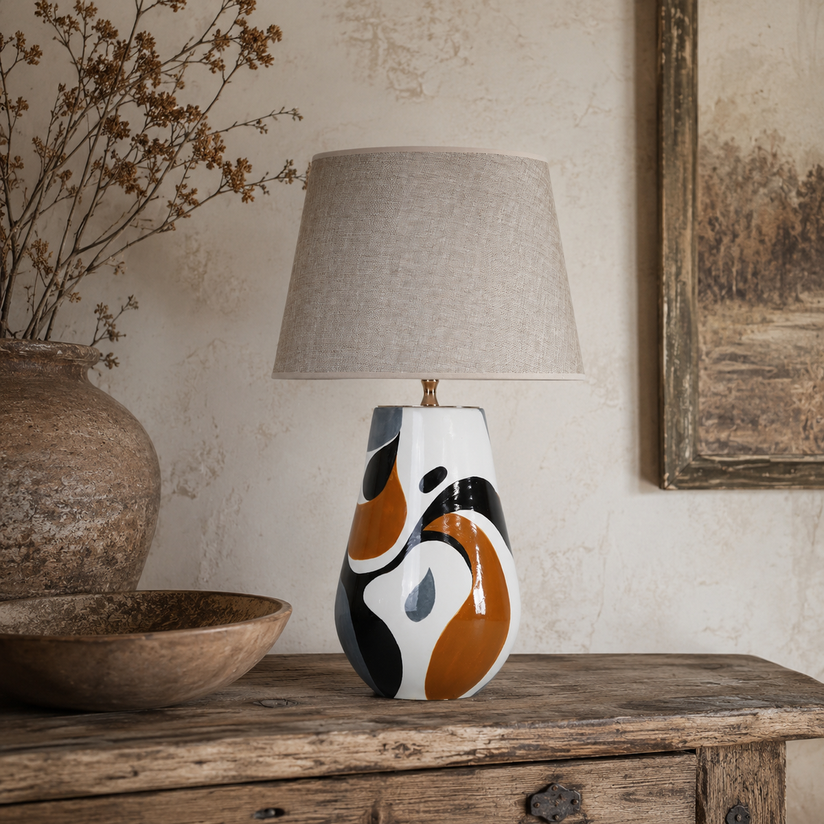 Black, White & Orange Abstract Ceramic Table Lamp, Modern Bedside Lamp